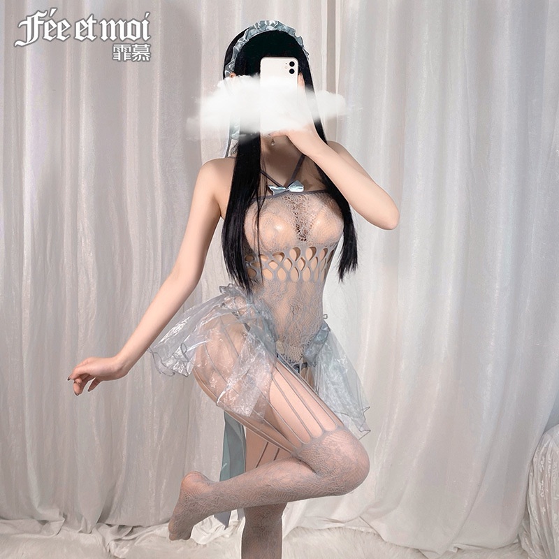 Váy đầm ngủ 2 dây lưới xuyên thấu kèm tất sexy - bodysuit xòe kiểu dáng mới lạ gợi cảm