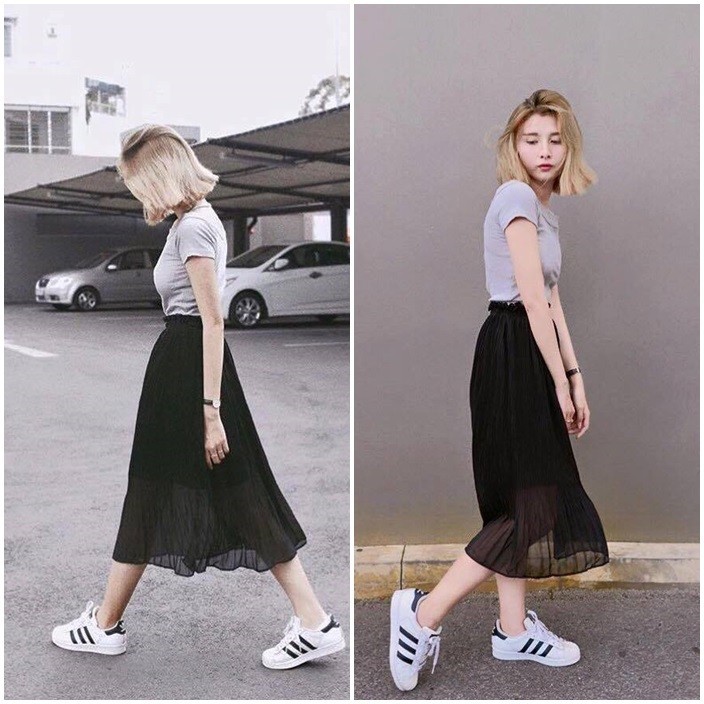 Chân váy xếp ly đen dài midi (Loại 1)