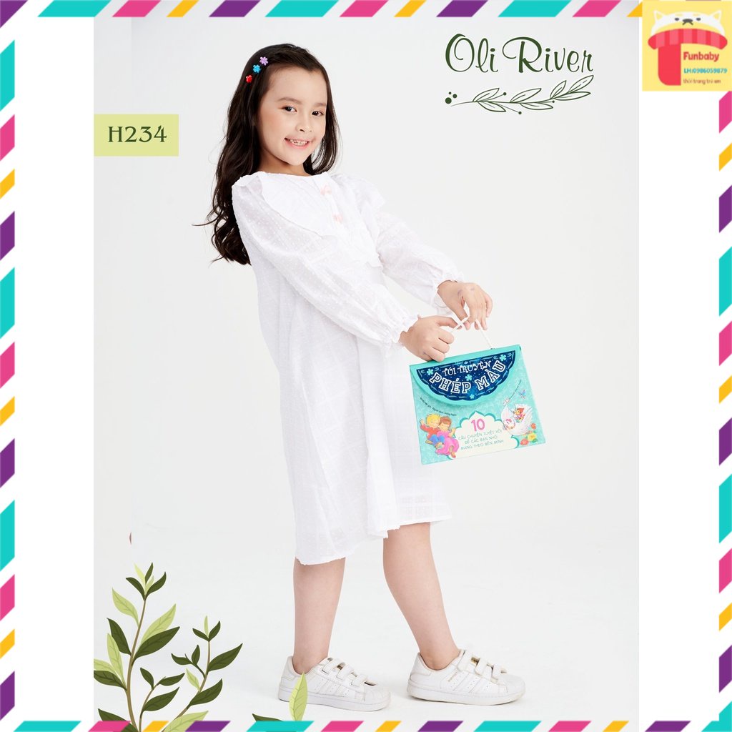 Đầm suông bé gái dài tay 1-10 tuổi xếp ly trước ngực và đính nơ. Váy trắng cho bé cao cấp kiểu dáng điệu đà đáng yêu