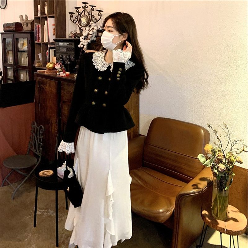 Set Dạ Áo Khoác Viền Cổ Ren Kèm Chân Váy Voan Bèo Phong Cách Hàn Quốc  ❤️