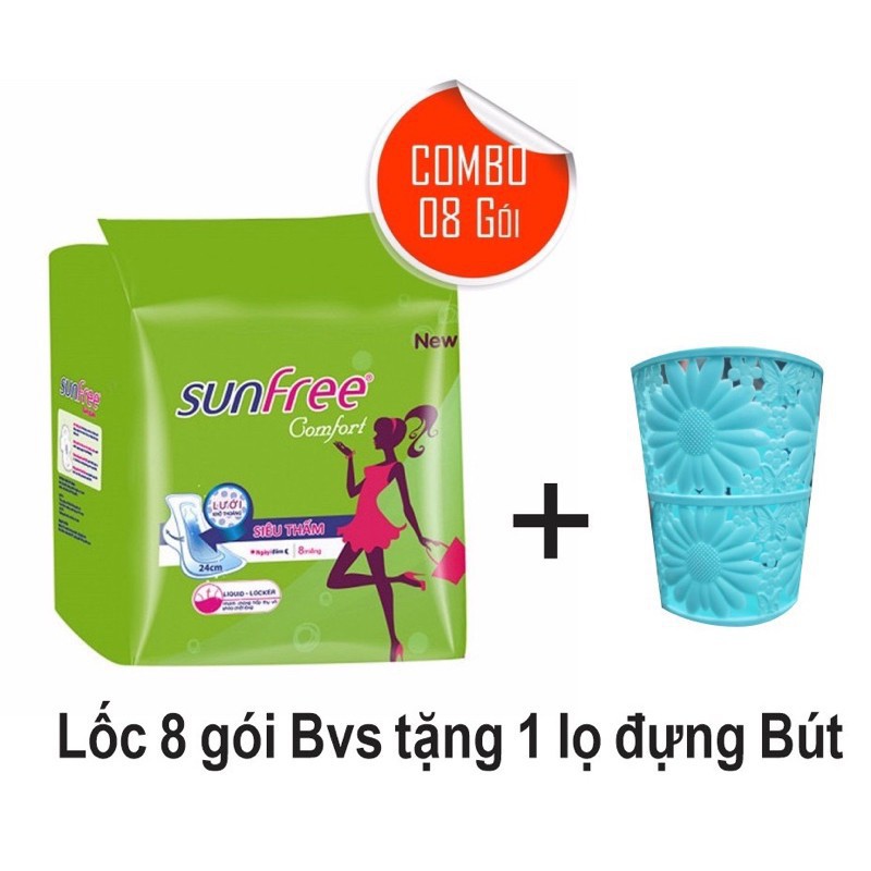 ( tặng hộp đựng bút) lốc 8 gói băng vệ sinh sunfree có cánh 24cm
