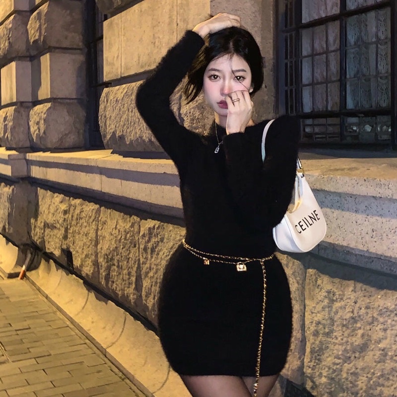 Váy body Aki len lông dài tay khoét vai sexy đủ size