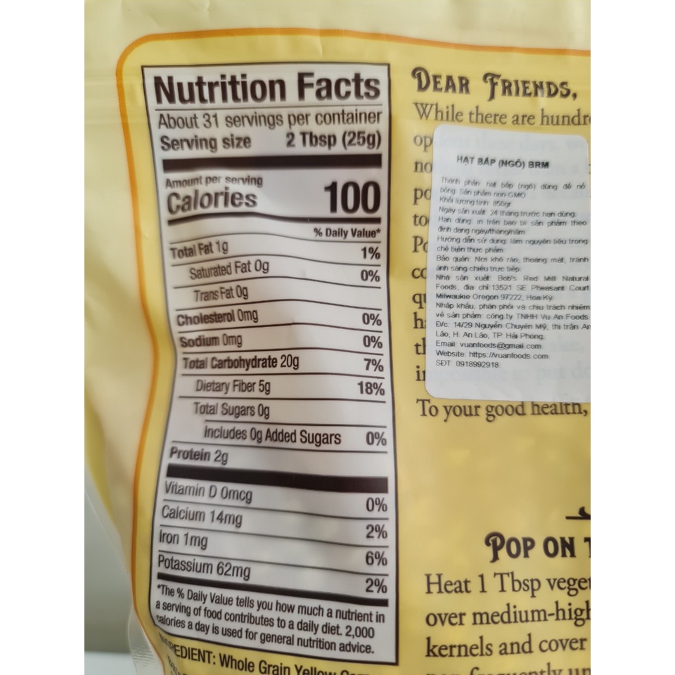 [850g] Hạt bắp nổ (Bỏng ngô) [USA] BOB’S RED MILL Popcorn (van-hk5)
