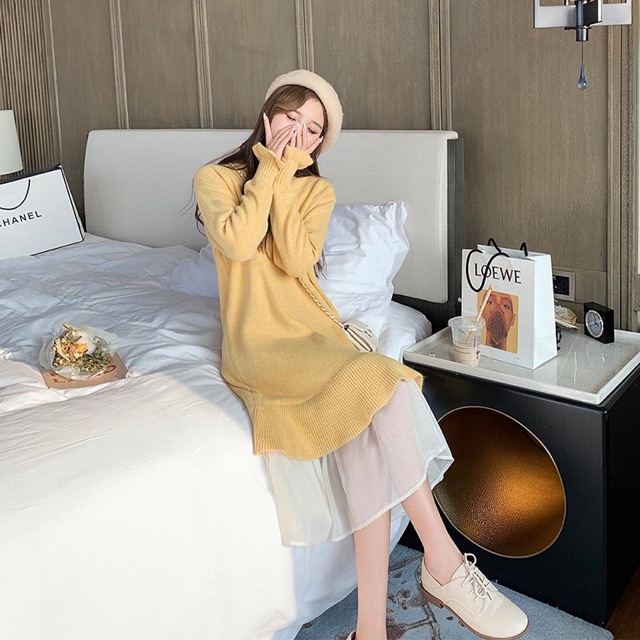 Váy len dài nữ 2019 mới thu đông mặc váy dệt kim