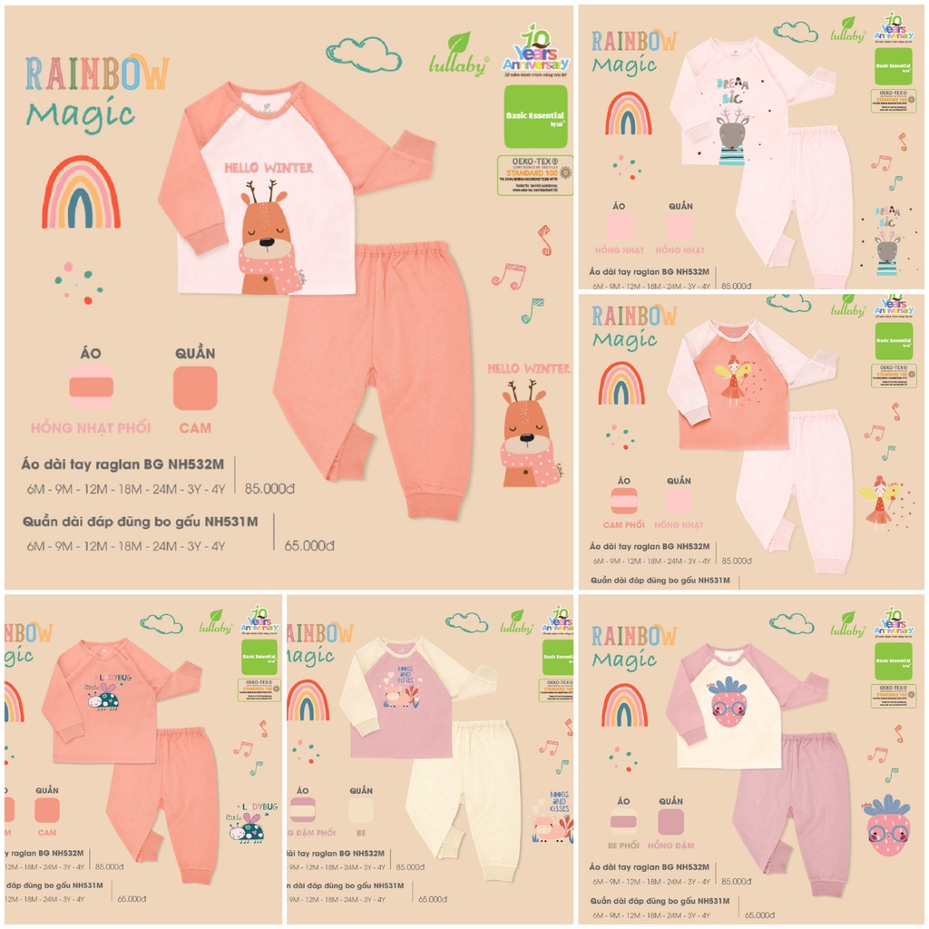 Bộ dài tay cotton mỏng Lullaby cho bé gái in họa tiết NH532M, NH228V