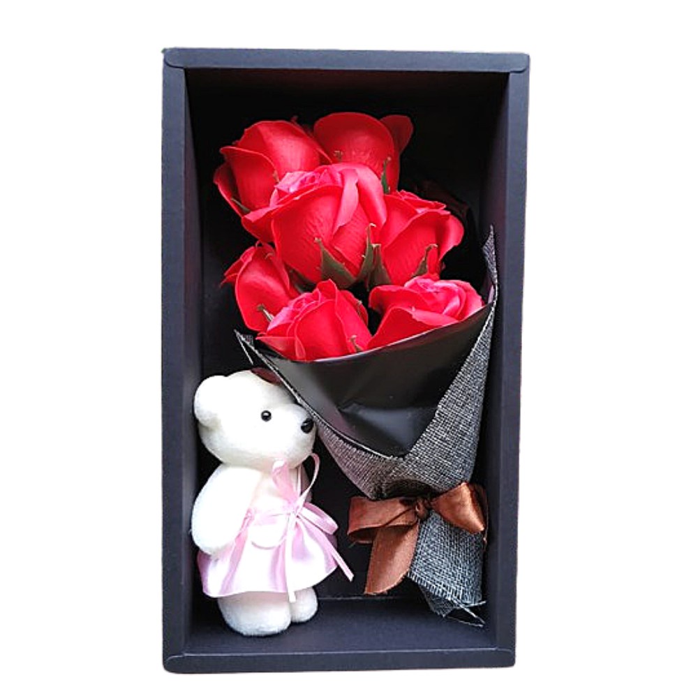 Hoa Hồng Sáp Thơm Bó 7 Bông Kèm Gấu .Tặng Người Yêu .Rất Lãng Mạng Có Hộp Sang Trọng
