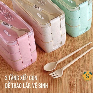 Hộp cơm văn phòng lúa mạch 3 tầng kèm đũa thìa cao cấp 900ml