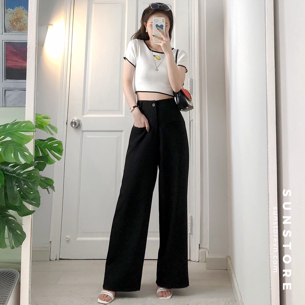 Quần ống rộng túi mổ culottes dáng suông dài cài nút lưng cao chất rũ THRE PANT