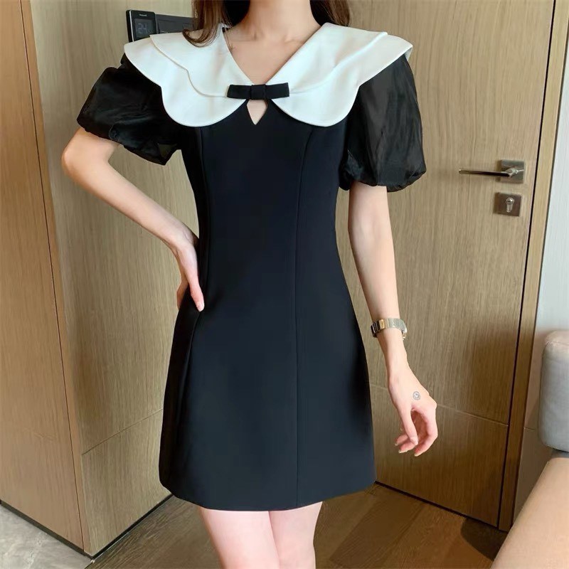 🍓ẢNH THẬT🍓 Váy đen thiết kế cổ bèo trắng nơ tiểu thư tay bồng NHG BLACK LICHI DRESS