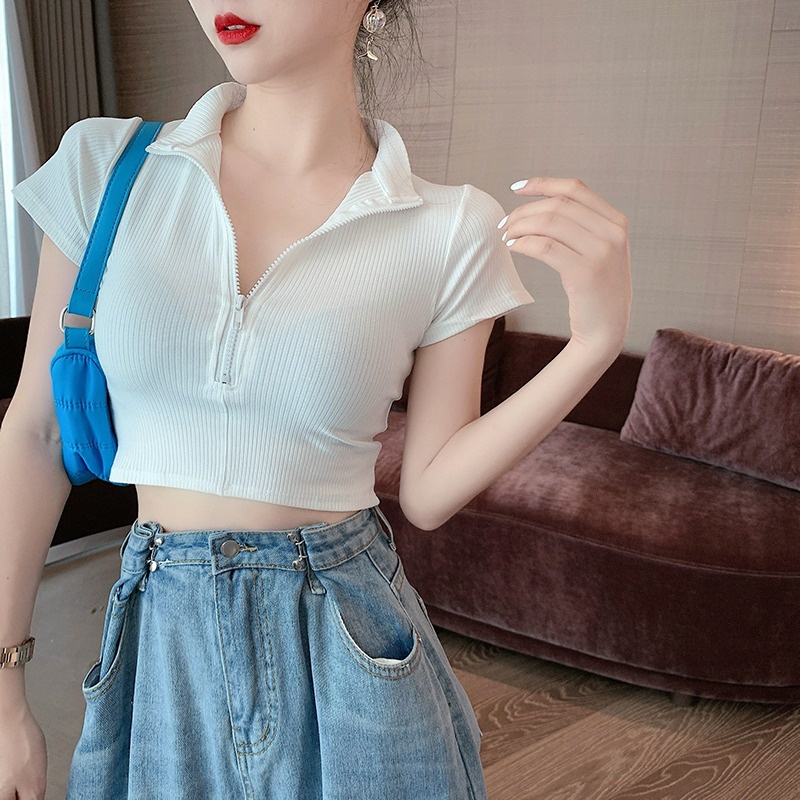 Áo Dệt Kim Ngắn Tay Cổ POLO Lưng Cao Thời Trang Quyến Rũ