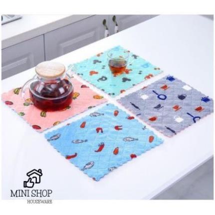 Combo 10 Khăn Lau Chén Đĩa Vải San Hô In Họa Tiết Hoạt Hình 25x25cm
