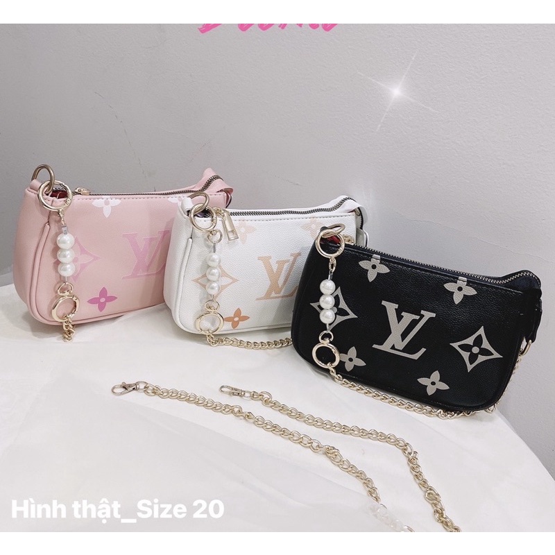 Túi Kẹp Nách Nữ,túi Đeo Chéo Nữ Size 21 Dây Xích Phối Hạt Ngọc Sang Chảnh