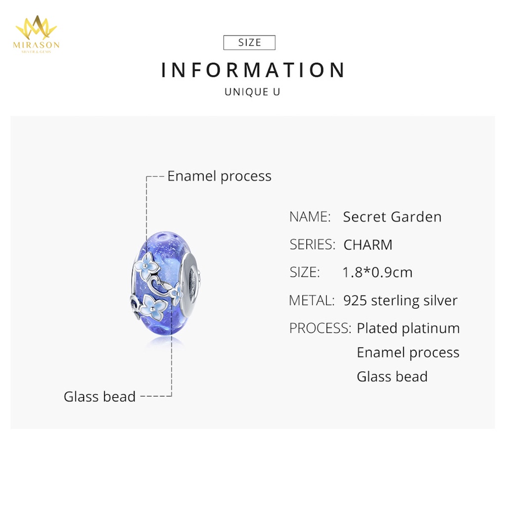 Charm Bạc 925 MIRASON Tròn Đá Xanh Mix Hoa Lá MCH008
