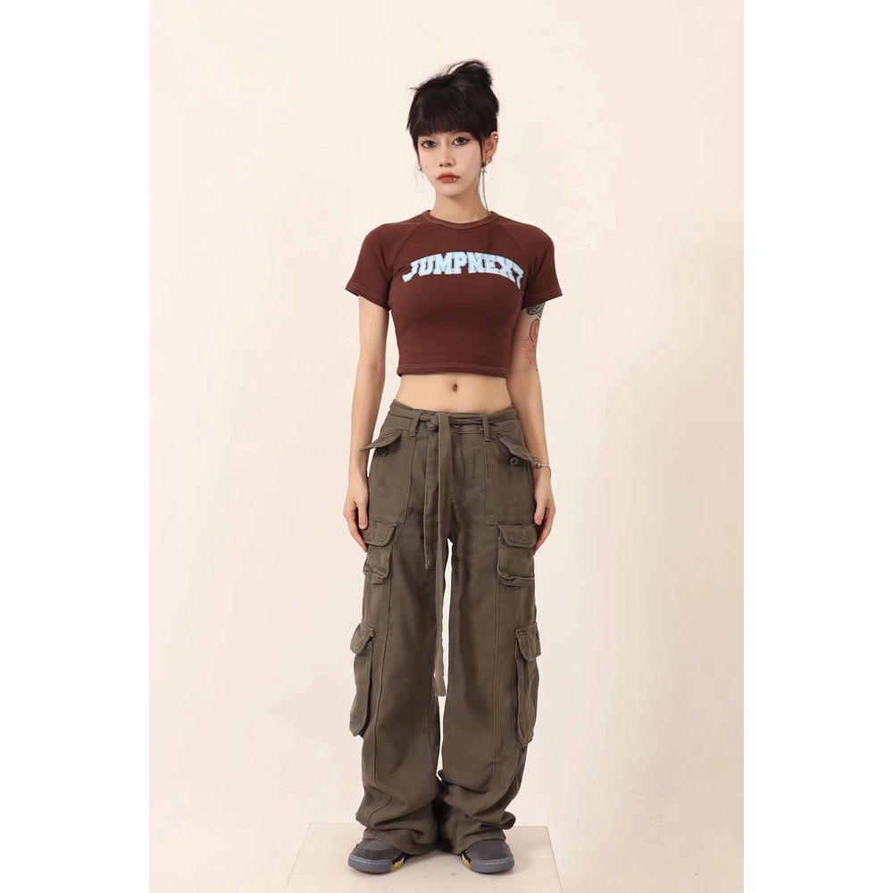 Áo thun lửng ngắn tay hở rốn phong cách Mỹ cổ điển thời trang dành cho nữ