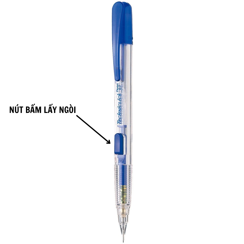 Bút chì kim Pentel, viết chì bấm giữa thân nhựa trong TECHNICLICK PD105T/ PD107T nét 0.5/ 0.7mm