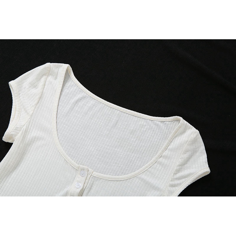 DUNEA Áo thun tay ngắn cổ U cài nút ngực dáng ôm màu trơn quyến rũ cho nữ