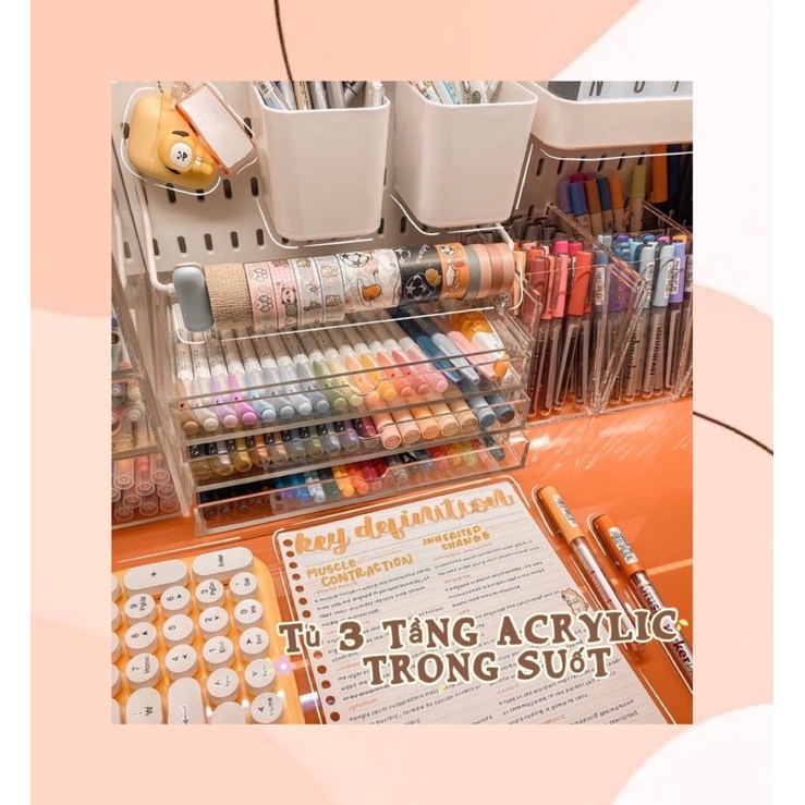 Tủ 3 tầng Acrylic trong suốt dupe muji , hộp lưu trữ giấy tờ để bàn sz A4, văn phòng phẩm,mỹ phẩm có ngăn kéo