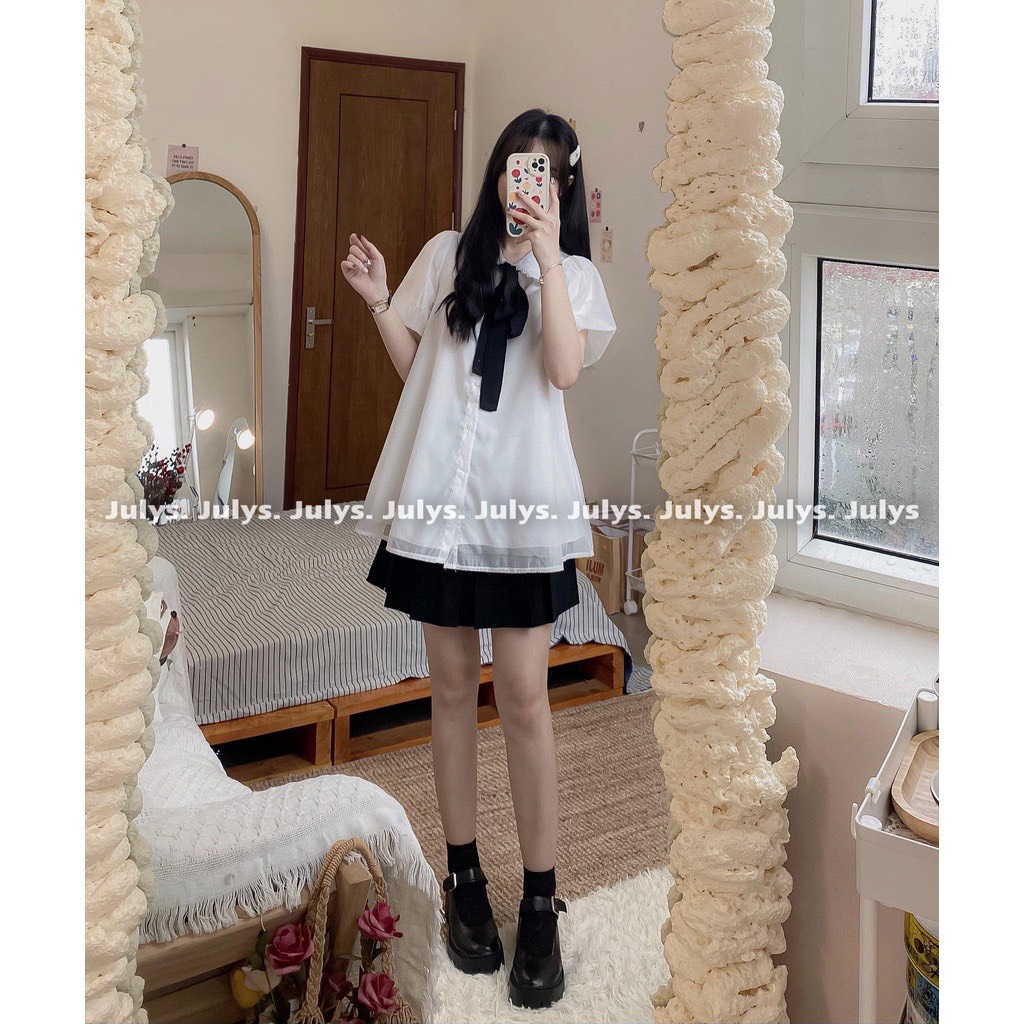 Áo sơ mi cổ ren kèm nơ - Áo babydoll tơ 2 lớp, cổ viền ren kèm nơ - Ngọc Uyên Store