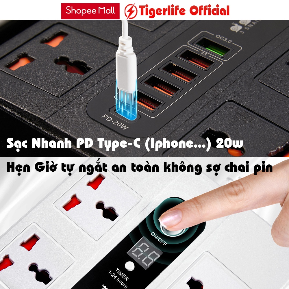 Ổ cắm điện đa năng Tigerlife PKL11 6 Có hẹn giờ Ổ cắm 5 Cổng usb sạc nhanh 1 Cổng sạc PD 20w Chịu tải 3000W