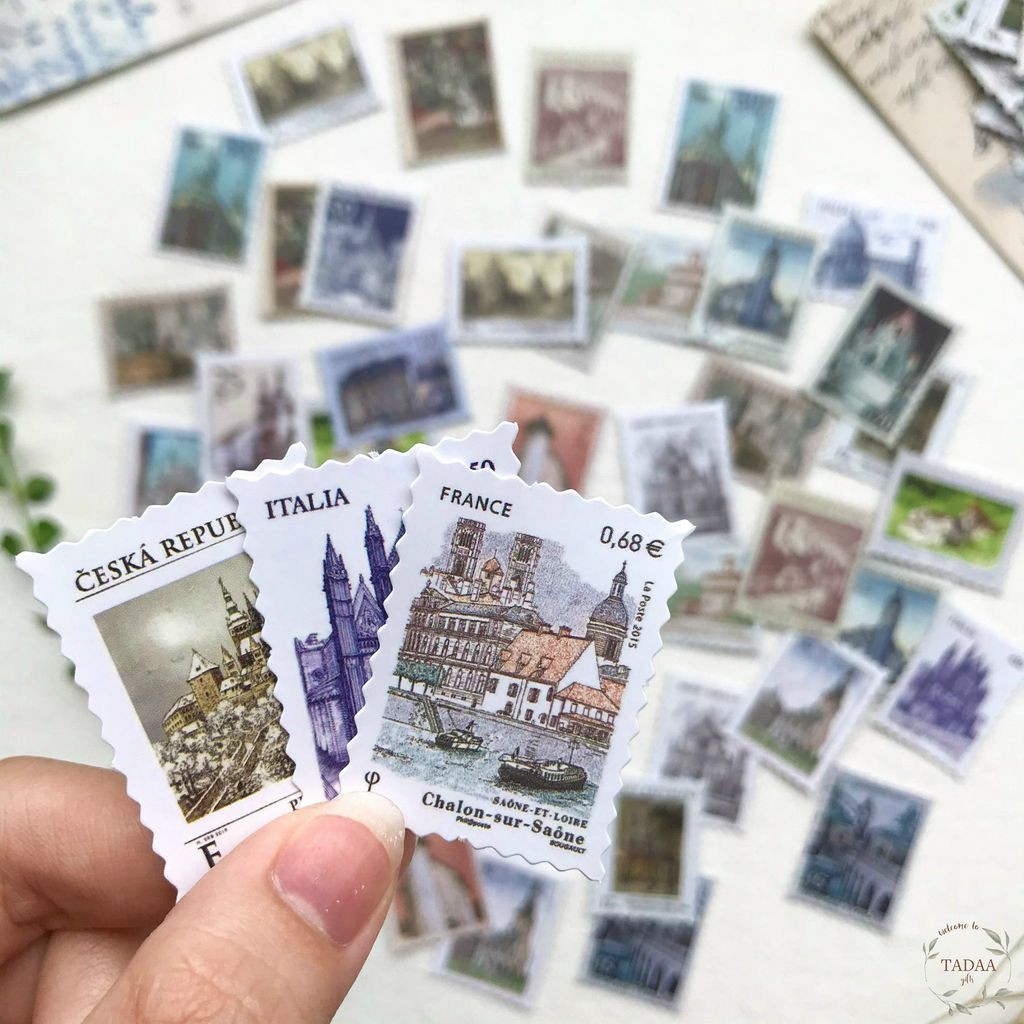 Set 46 sticker tem vintage hoa lá, butterfly, chuồn chuồn retro và phong cảnh màu sắc trang trí bì thư cổ điển
