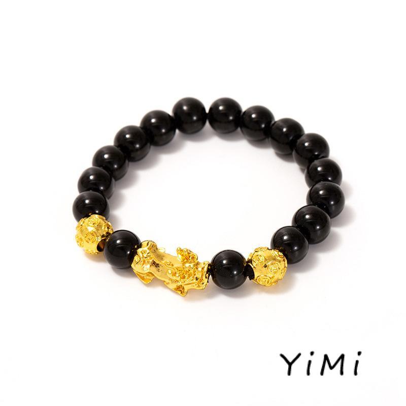 [mo] Vòng Tay Chuỗi Hạt Đá Obsidian Mạ Vàng Với Sáu Chữ Cái Mang Lại May Mắn Cho Nam