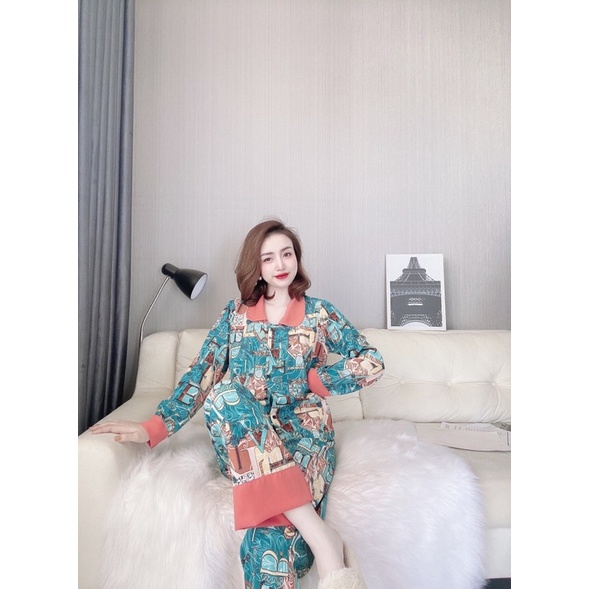 Bộ đồ nữ mặc nhà lụa cổ sen Cao Cấp, hoạ tiết độc đáo, sang trọng