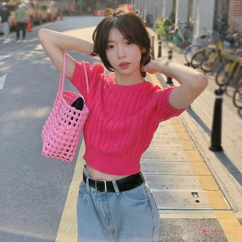Áo Croptop Dệt Kim Tay Ngắn Cổ Tròn Màu Sắc Thanh Lịch