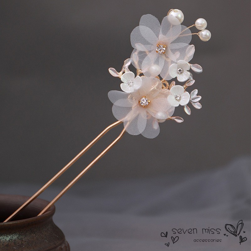 Trâm cài tóc phối hoa đính đá pha lê tua rua ngọc trai giả phong cách Trung Hoa xinh xắn dành cho nữ