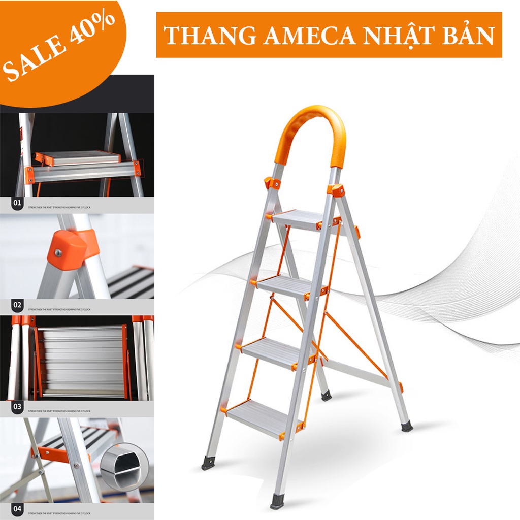 Thang ghế gấp gọn AMECA 4 Bậc thông minh, tải trọng 150Kg siêu bền, Nhập Khẩu Chính Hãng Nhật Bản, Thang Inox Gấp Gọn