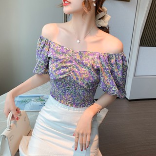 Áo Croptop Chất Chiffon Hoạ Tiết Hoa Thiết Kế Trễ Vai Quyến Rũ