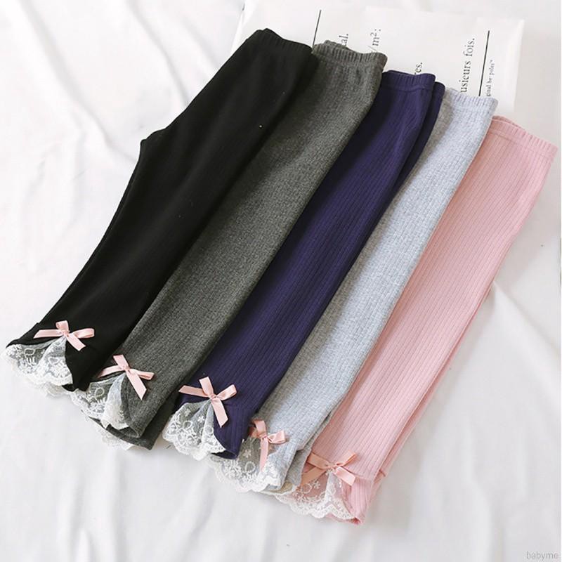 Babyme Children Kids Autumn Cartoon Lace Bow Thick Warm Casual Casual Sweet Slim Girls Pants