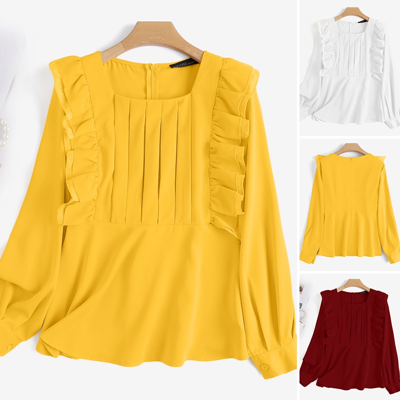 Áo ZANZEA cổ vuông màu trơn phối bèo thời trang Châu Âu cho phái nữ