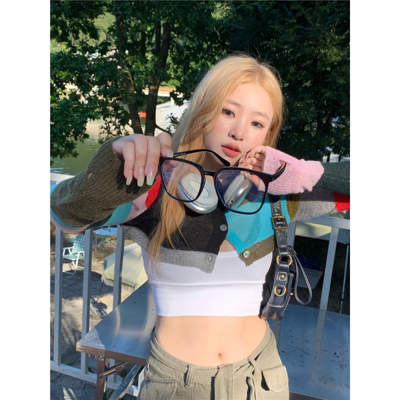 QKOOLE  Áo Croptop Dệt Kim Tay Dài Màu Sắc Vintage Hàn Quốc Cho Nữ