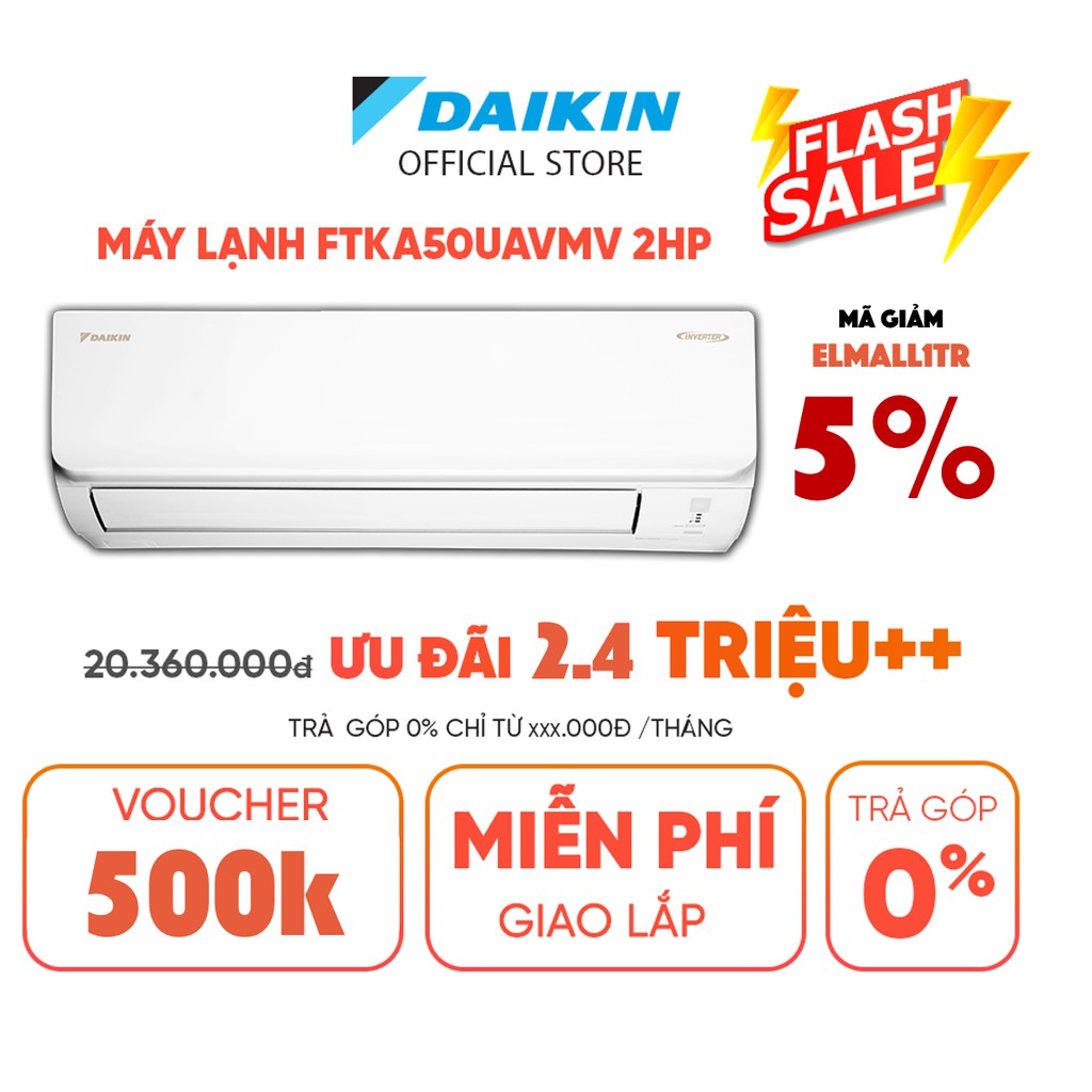 [Mã ELMALL1TR giảm 5% đơn 3TR] Máy Lạnh Daikin Inverter FTKA50UAVMV 2HP (18000BTU) - Tiết kiệm điện Chống Ăn mòn