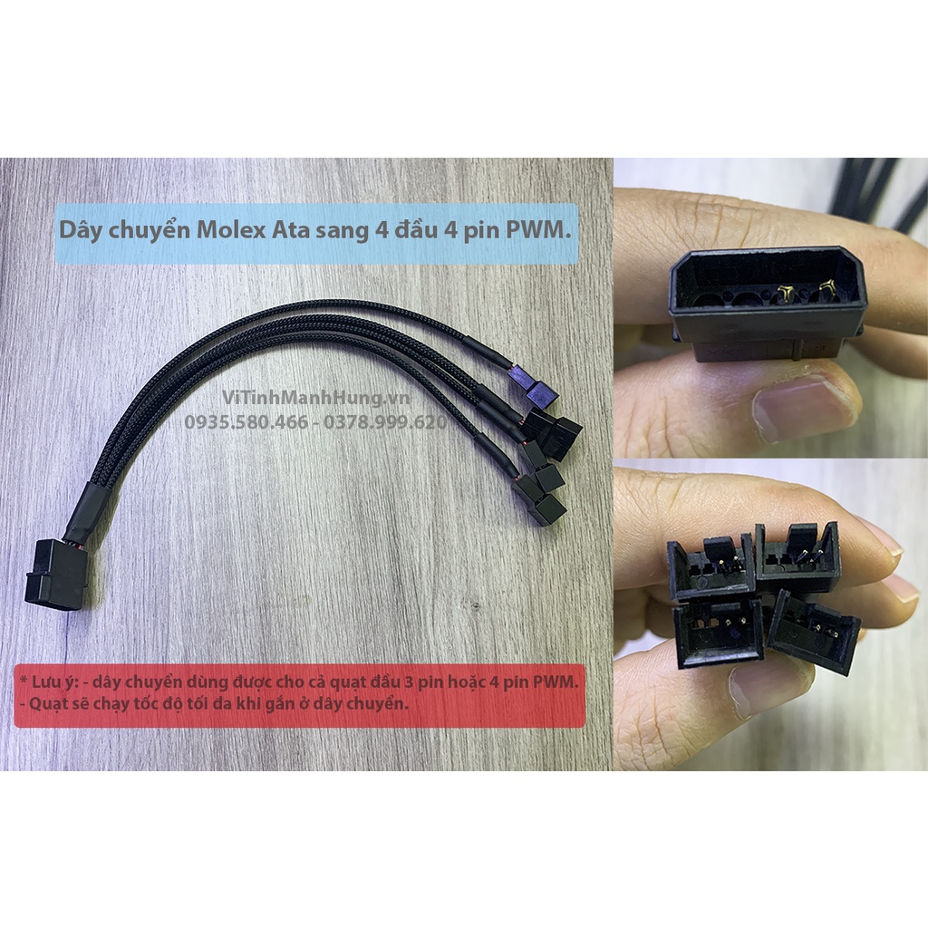 Dây chuyển Sata / Molex Ata sang 4 đầu 4 pin PWM, bọc lưới, dài 25cm.