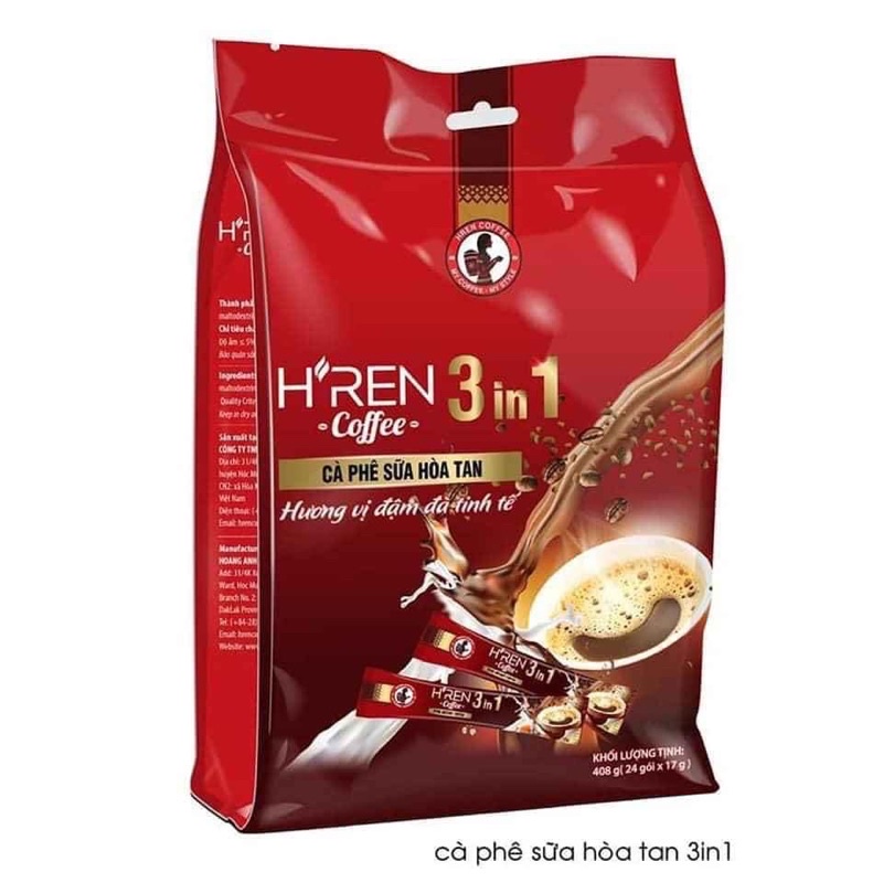 [Coffee] Cà Phê Sữa Hoà Tan H’ren 3in1 Cao Cấp 100% hạt cafe nguyên chất Tây Nguyên gói 408gr | SaiGonFood