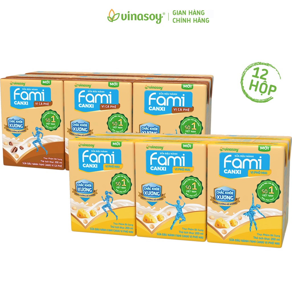 Combo 2 lốc sữa đậu nành Fami Canxi Cà Phê va Fami Canxi Phô Mai (12 hộp x 200ml)