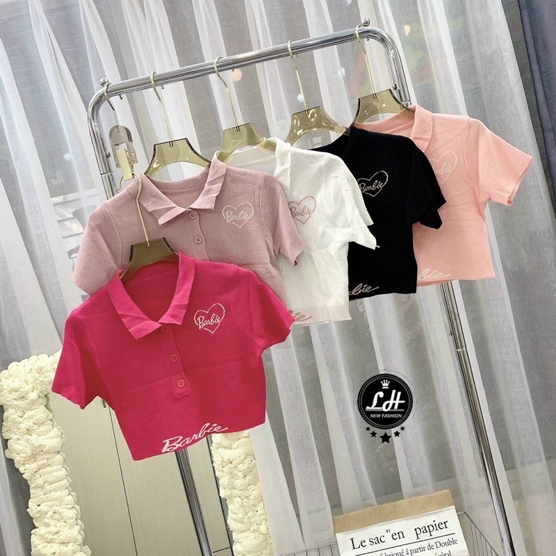 [L2M] Áo len nữ Montoghi dệt kim Quảng Châu Barbie CROPTOP cổ bẻ in hình trái tim cộc tay cực xinh