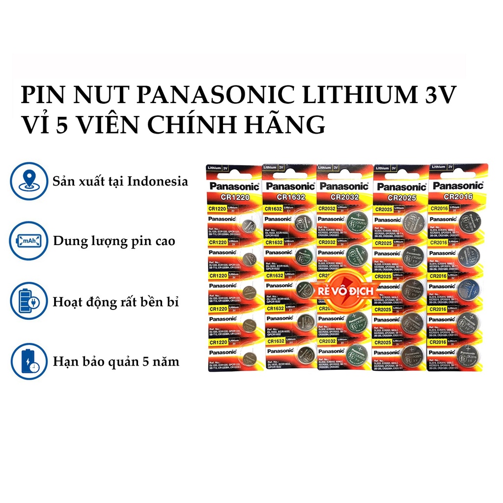 Vỉ 5 viên Pin Panasonic CR2032 / CR1632 / CR2025 / CR1220 / CR1620 / CR2016 / CR1616 / CR2450 chính hãng