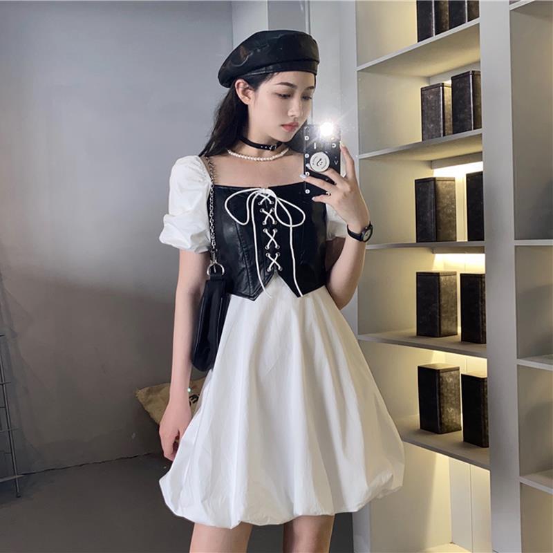 Short-sleeved square neck women's skirt with Hong Kong style seamless A-line skirt new summer women's clothing