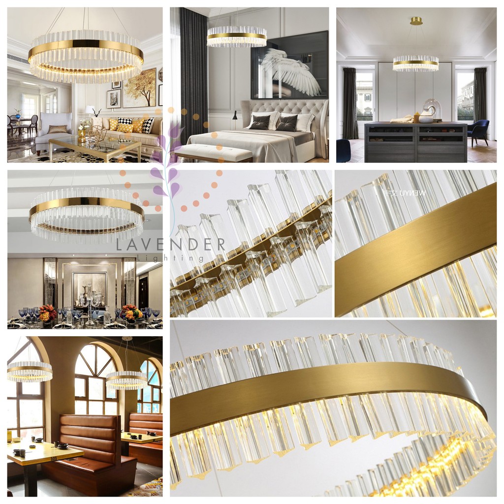 Đèn thả Pha lê vòng tròn mạ đồng cao cấp pha lê tam giác đơn