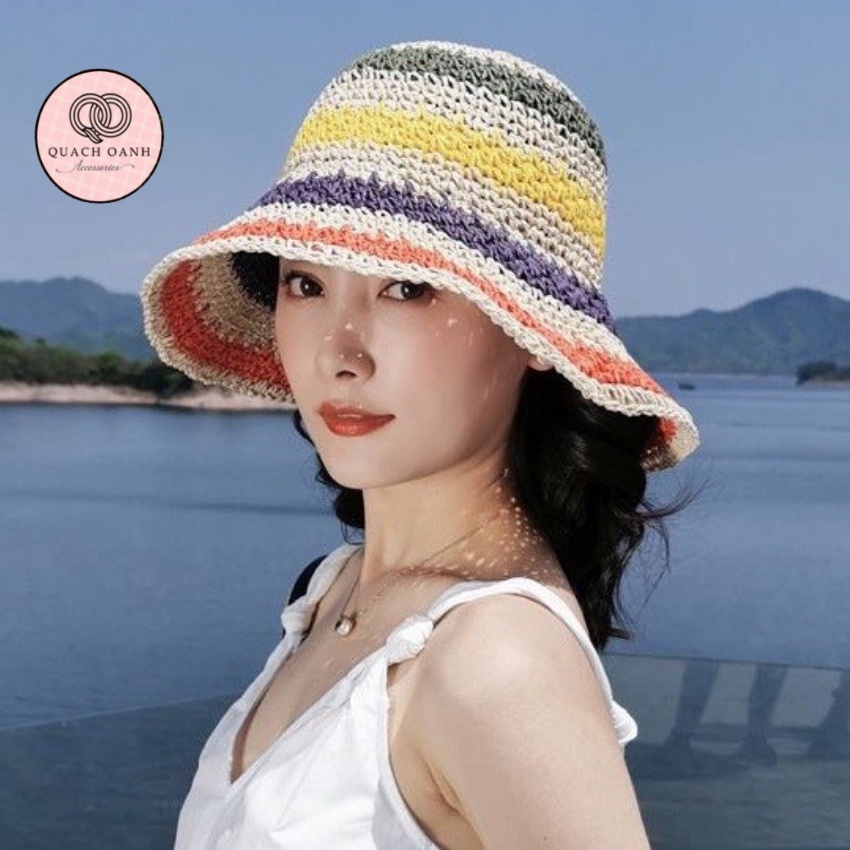 Mũ cói cầu vồng đi biển, nón cói tự nhiên, ko pha nhựa - MU97 -Phụ Kiện Xinh QO