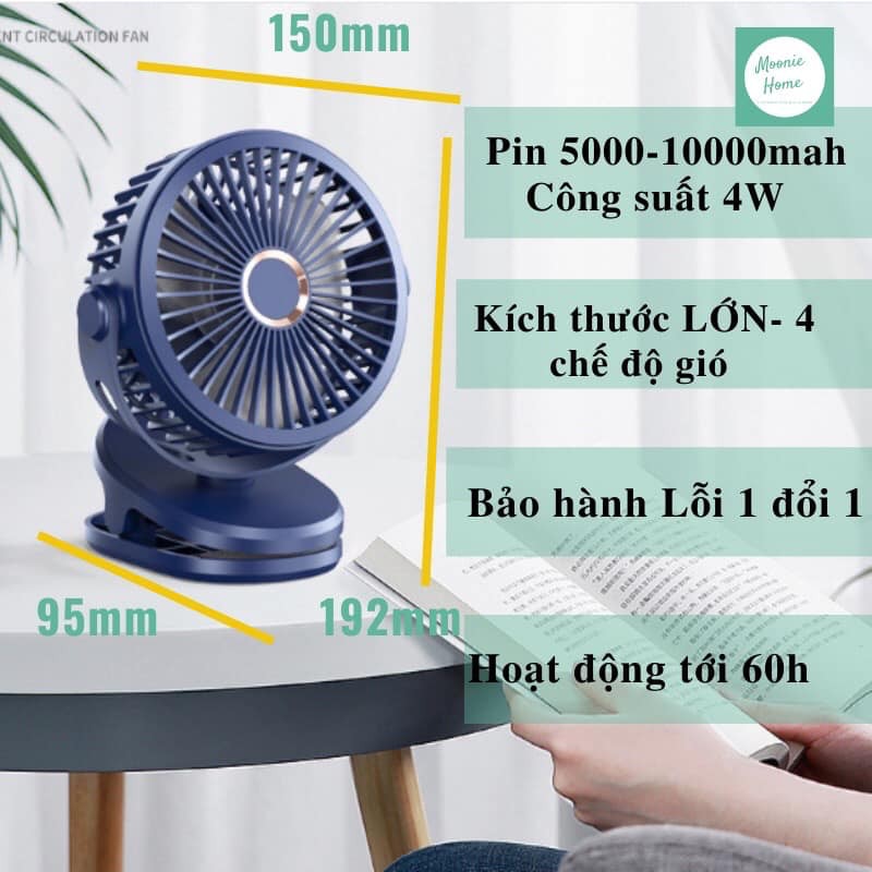 Quạt kẹp mini JW Desktop Clip Fan pin 8000mah kẹp bàn, xe đẩy, nôi cũi, sử dụng văn phòng, du lịch