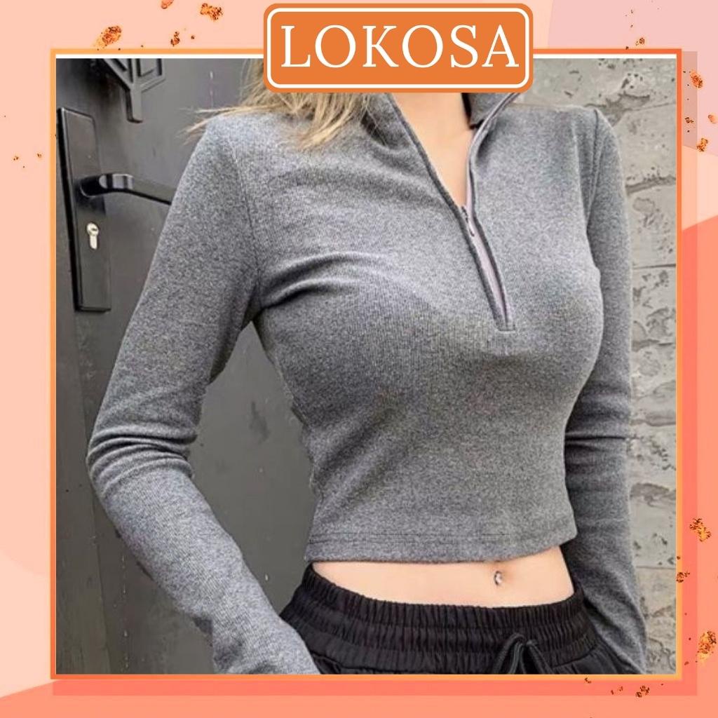 Áo Croptop Có Cổ Tay Dài LOKOSA Áo Ôm Body Nữ Kiểu Dài Tay Thiết Kế Khoét Ngực Cổ V Sexy Có Dây Kéo AO051