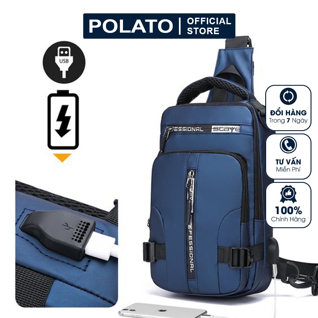 Túi đeo chéo nam vải Polyester kháng nước chống bám bụi tích hợp cổng sạc USB tiện dụng POLATO