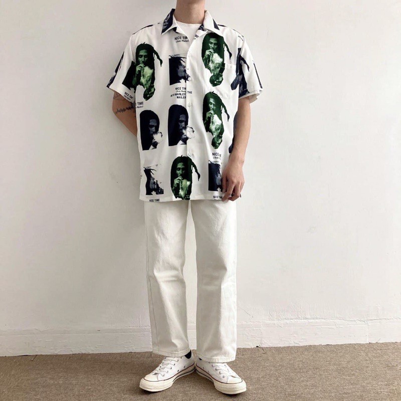 (Kèm ảnh thật) Áo sơ mi voan lụa unisex tay lỡ in hình