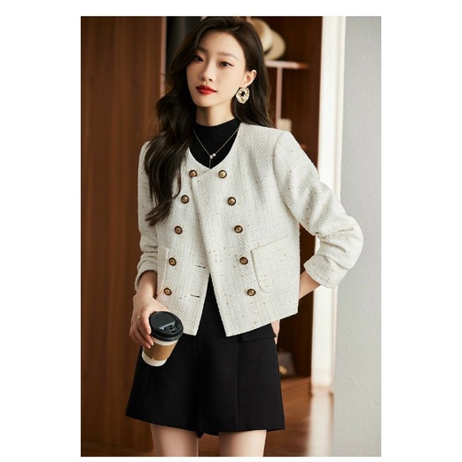 Hàng nhập - Áo khoác dạ Tweet nữ form ngắn cài 2 hàng nút, áo bomber cổ tim tay dài trẻ trung