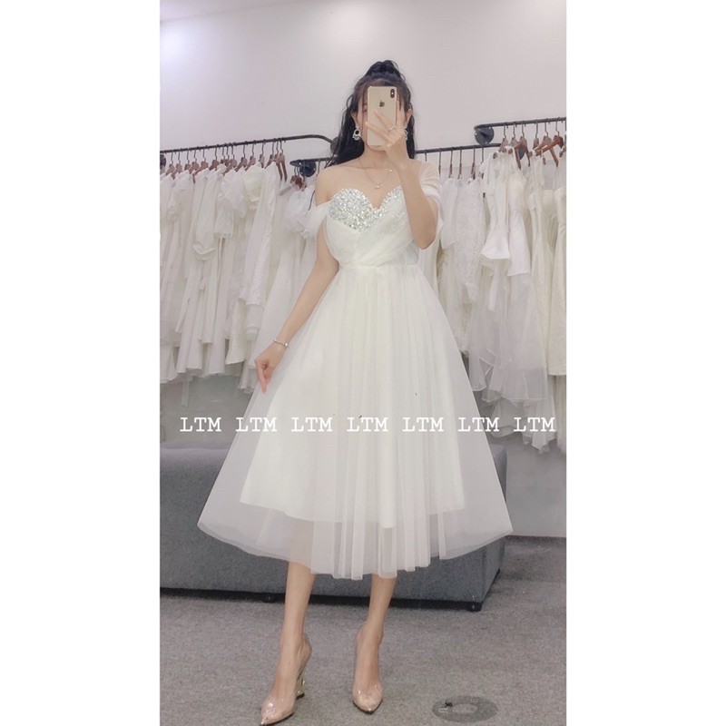 Váy bệt vai lưới kim sa cao sấp