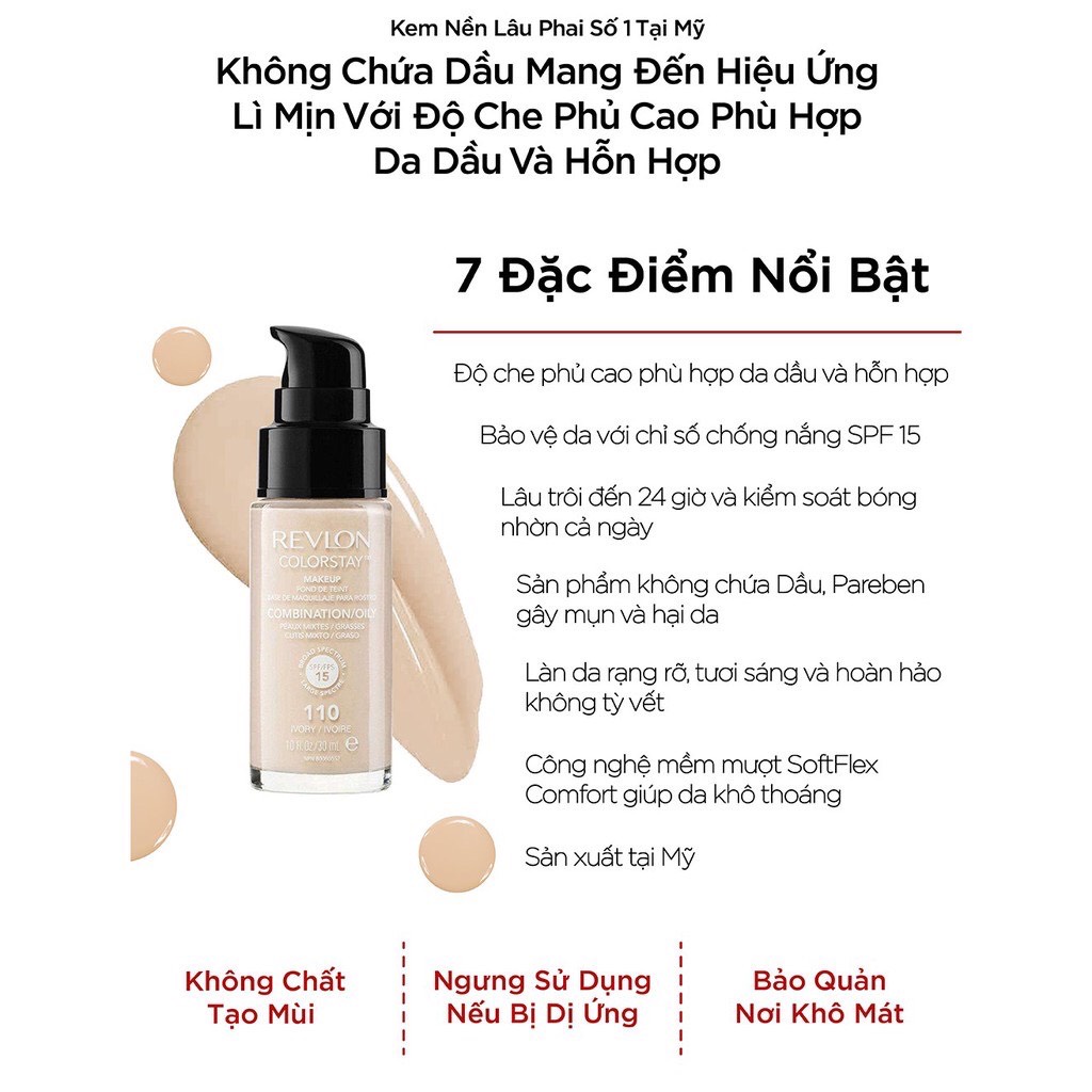 Combo 3 mẫu thử kem nền kiềm dầu lâu trôi số 1 tại Mỹ Revlon  Colorstay - 180 Sand Beige Sachet