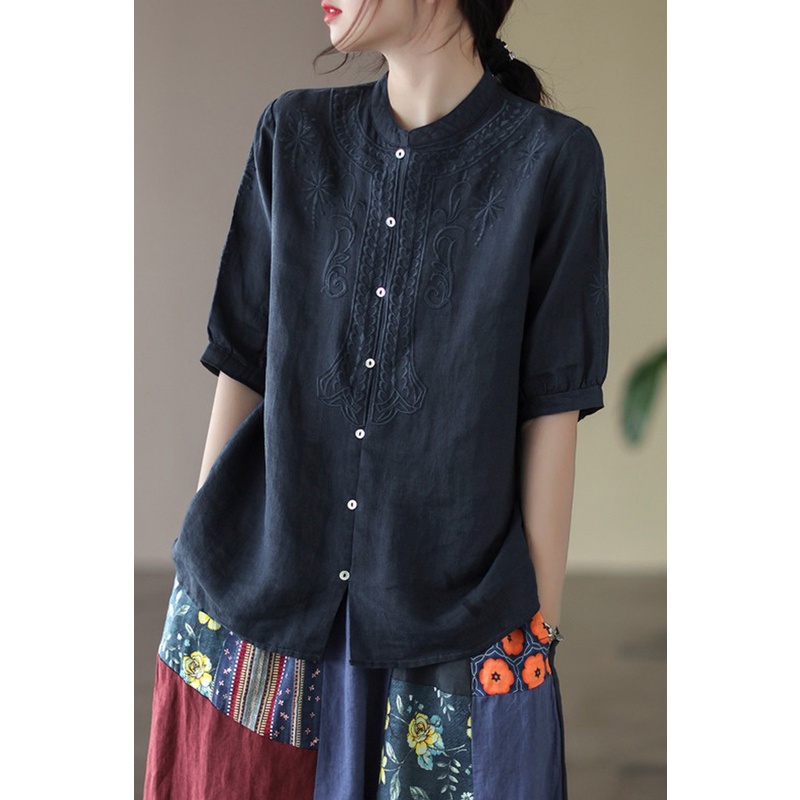 Ice retro embroidered cotton linen thin tops ramie short-sleeved shirt pick-up special ~ Japanese